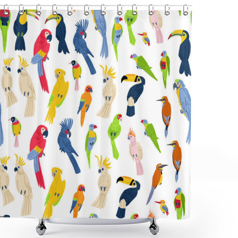 Personality  Colorful Exotic Birds Vector Seamless Pattern On White. Exotic Bird Pattern. Tropical Parrots Mega Collection. Vector Illustration Shower Curtains