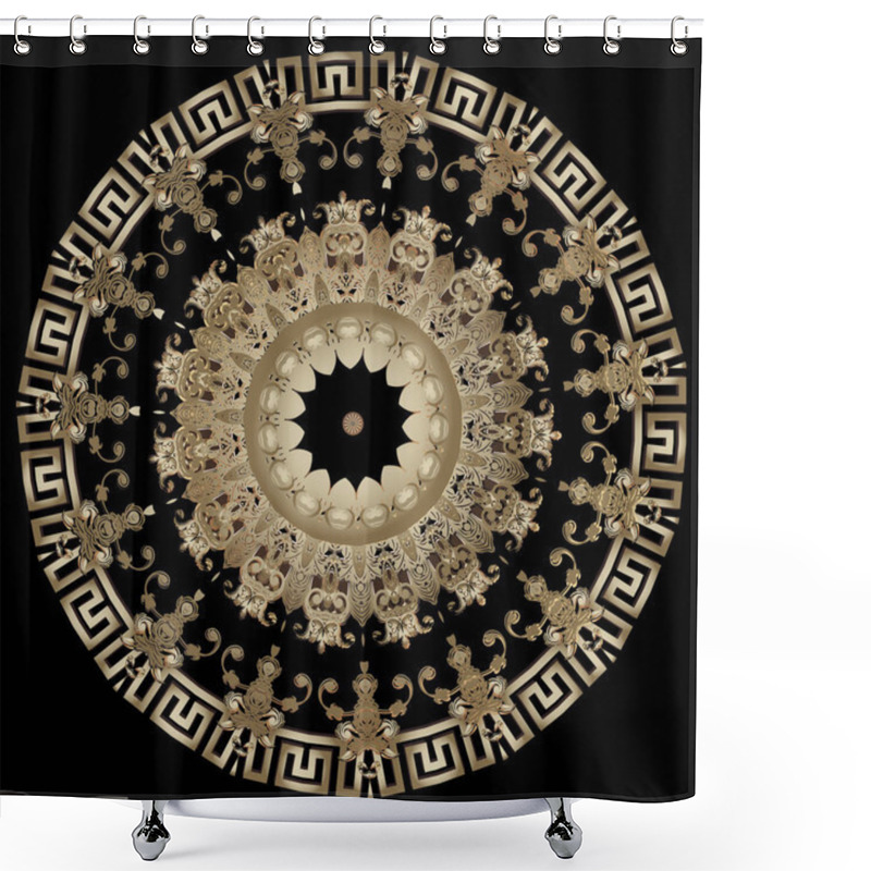 Personality  Greek Luxury Gold Vector Mandala Pattern. Beautiful Round Baroque Style Ornament. Floral Ornate Background. Ancient Greek Key Meander Circle Frame. Vintage Royal Flowers, Leaves. 3d Mandala Design. Shower Curtains