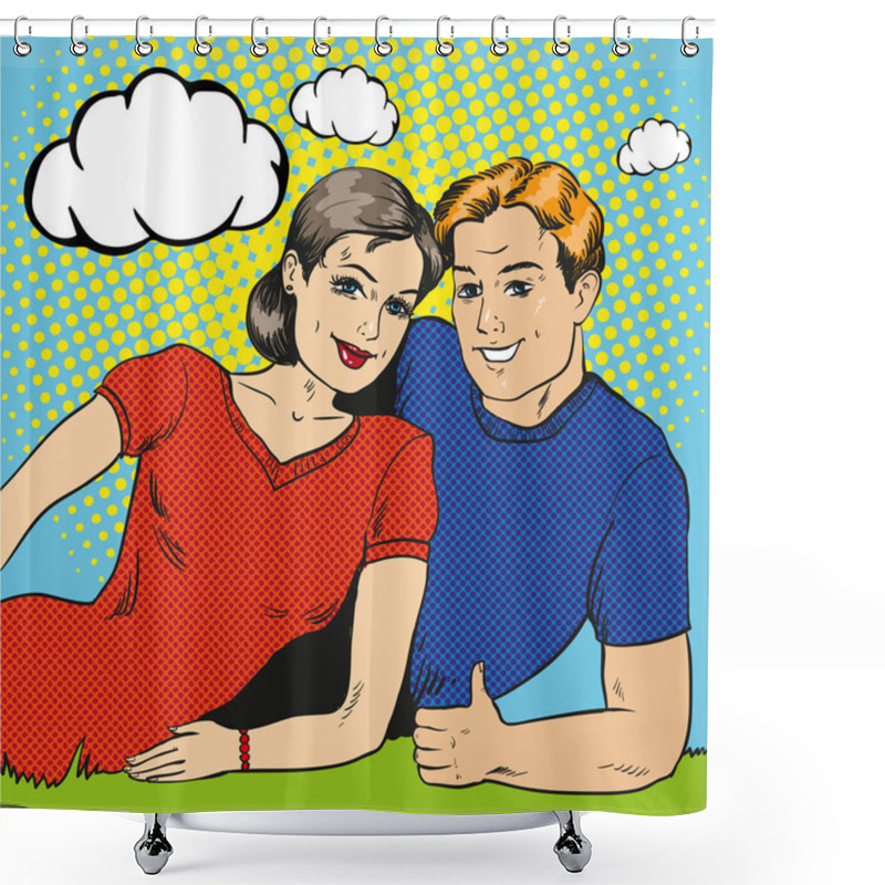 Personality  Vector Illustration Of Happy Couple In Retro Pop Art Style. Shower Curtains