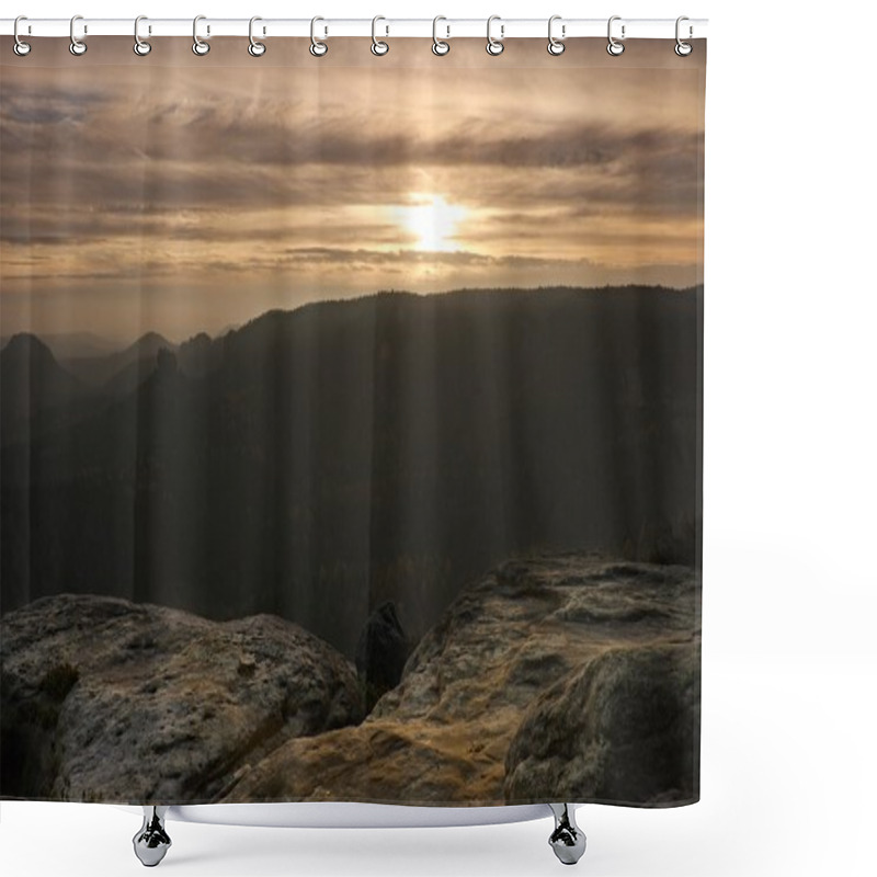 Personality  Sunrise In A Beautiful Mountain Of Czech-Saxony Switzerland. Sandstone Peaks Increased From Foggy Background, The Fog Is Orange Due To Sun Rays. Shower Curtains