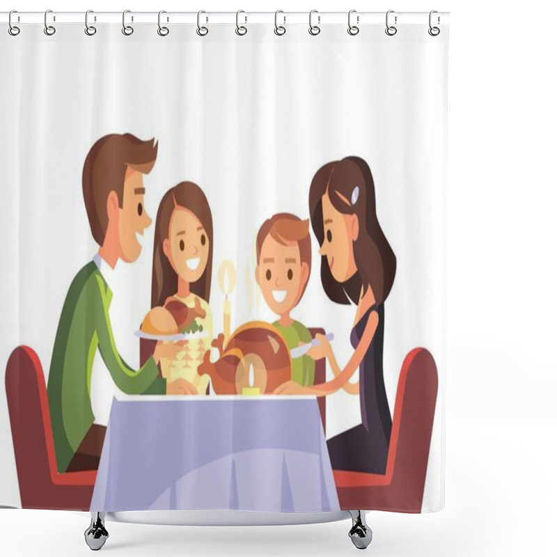 Personality  Family having holiday festive evening dinner homemade meal sitting around the table together celebrating Christmas thanksgiving. Mother, father,children,kids eating, making conversation. Family union. shower curtains