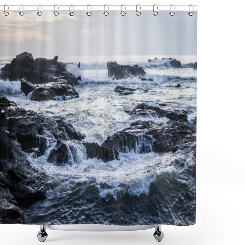 Personality  The Waves Of The Ocean Are Breaking Against The Rocks. Splashing Ocean Waves At Sunset. Shower Curtains