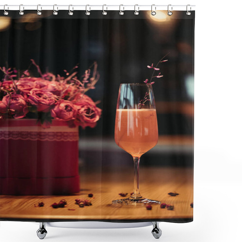 Personality  Selective Focus Of Pink Alcoholic Cocktail With Flowers On Dark Background Shower Curtains