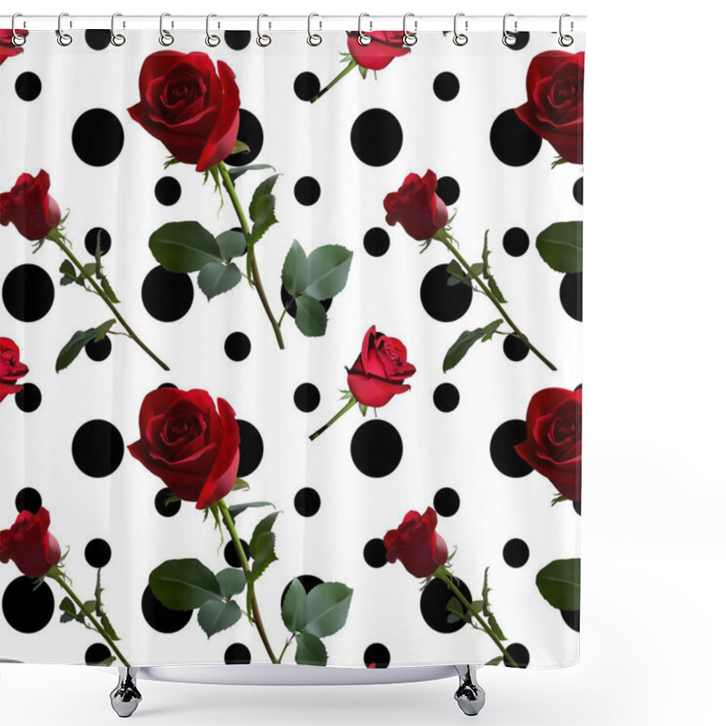 Personality  A Pattern With Red Roses With Green Leaves And A Long Stem On The Background Of A Black Circle Shower Curtains