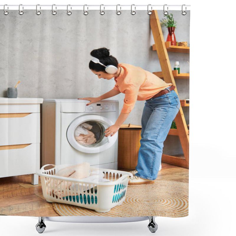 Personality  A Stylish Woman In Casual Attire Loading A Washing Machine Into A Basket For Cleaning. Shower Curtains