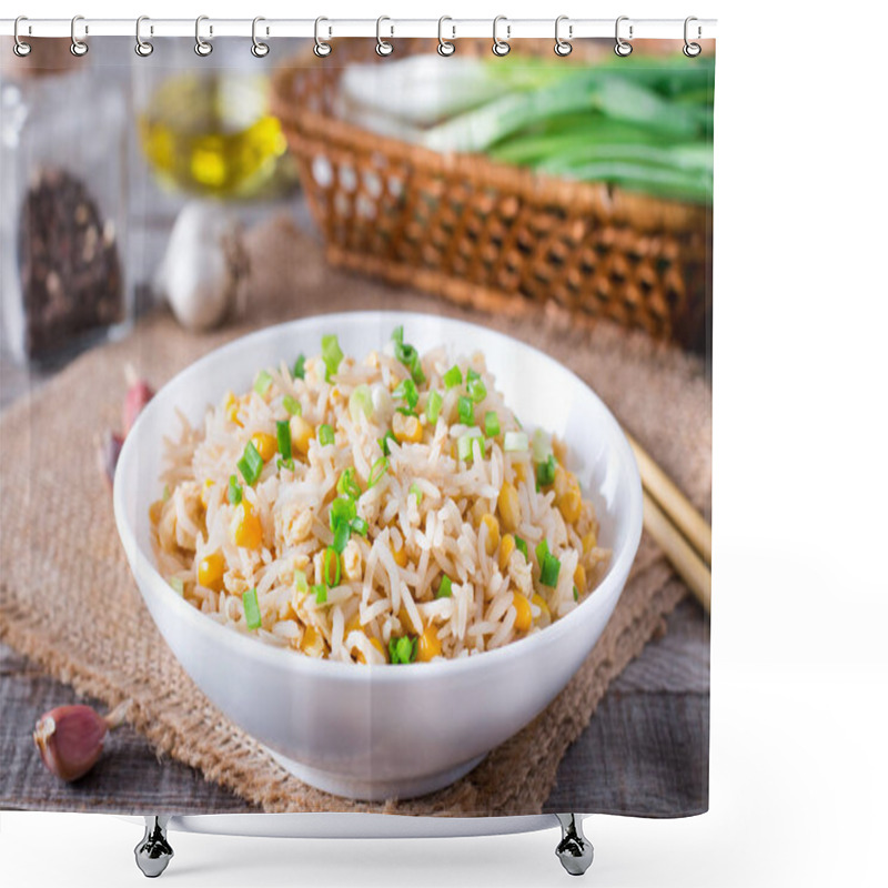 Personality  Bowl Of Fried Rice, Corn And Egg On A Wooden Background. Healthy And Light. Shower Curtains