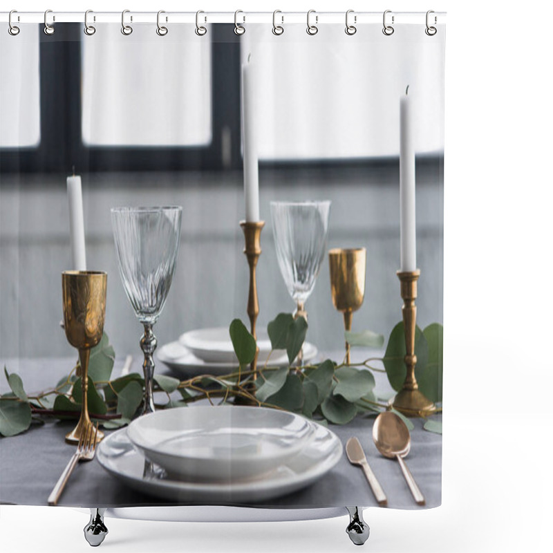 Personality  Close Up View Of Rustic Table Setting With Wine Glasses, Eucalyptus, Vintage Cutlery, Candles In Candle Holders And Empty Plates Shower Curtains