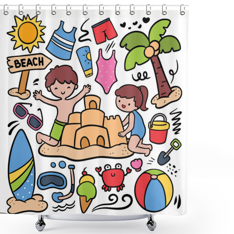 Personality  Cartoon Kids Building Sand Castle On The Beach, Summer Doodle Design Element Shower Curtains