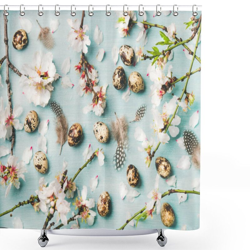 Personality  Easter Holiday Background, Texture And Wallpaper. Tender Spring Almond Blossom Flowers On Branches, Feathers And Quail Eggs Over Light Blue Background Shower Curtains