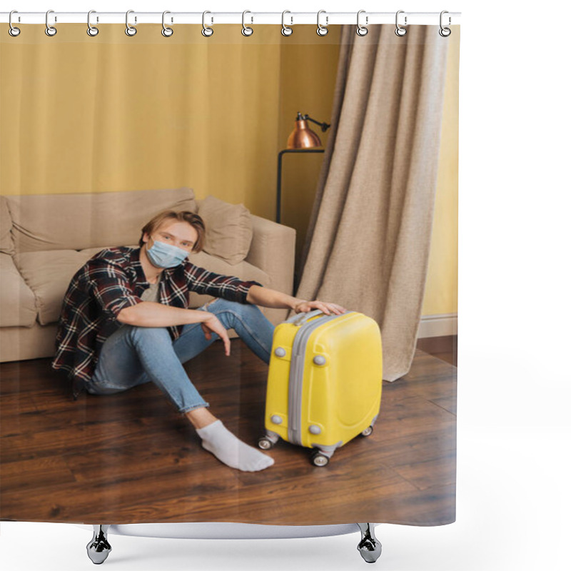 Personality  Young Man In Medical Mask Sitting On Floor Near Baggage, End Of Quarantine Concept Shower Curtains