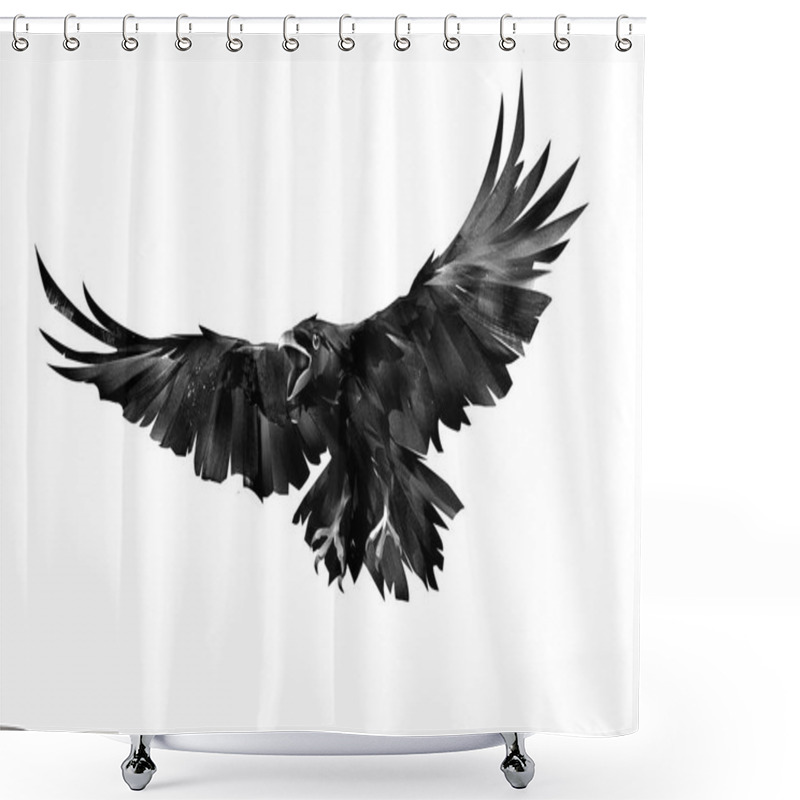 Personality  Painted Flying Bird Of A Raven On A White Background Shower Curtains