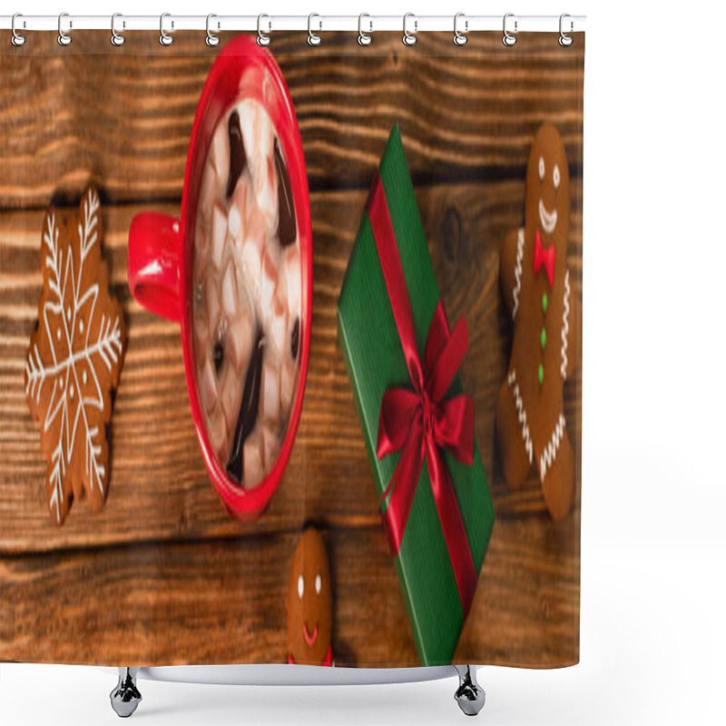 Personality  Top View Of Cup Of Cocoa With Marshmallows Near Gift Box And Gingerbread Cookies On Wooden Surface, Banner Shower Curtains