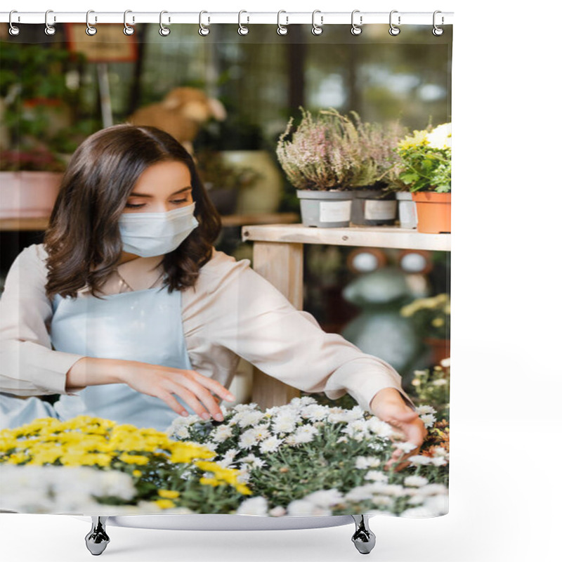 Personality  Young Florist In Medical Mask Caring About Chrysanthemums On Blurred Foreground Shower Curtains