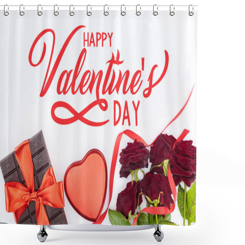 Personality  Top View Of Chocolate Wrapped By Festive Ribbon, Red Roses And Heart Shaped Gift Box Isolated On White, Happy Valentines Day   Shower Curtains