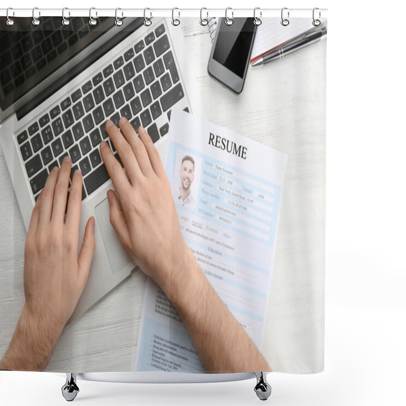 Personality  Man With Resume Form Using Laptop At Table. Job Interview Concept Shower Curtains