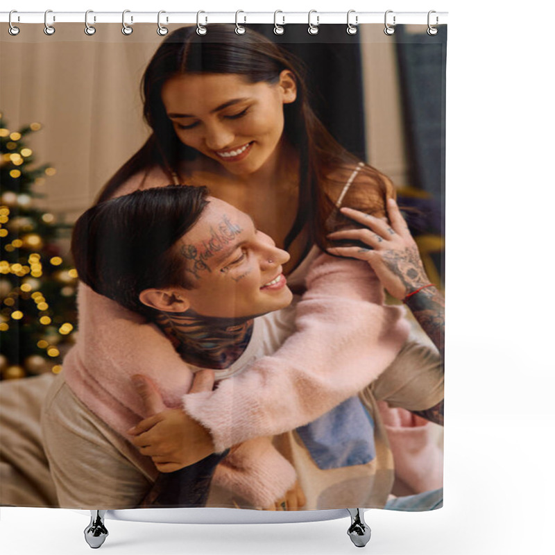 Personality  A Loving Couple Enjoys A Tender Embrace Filled With Laughter And Warmth Indoors During Winter. Shower Curtains