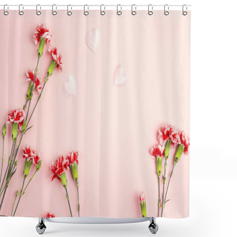 Personality  Pink Background With Carnations Flowers And Copy Space. Top View Shower Curtains