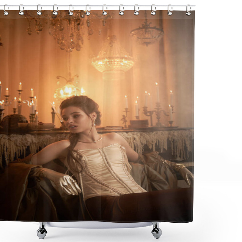 Personality  A Young Woman With Captivating Beauty Exudes An Alluring Mystery In A Luxurious, Dimly Lit Setting. Shower Curtains