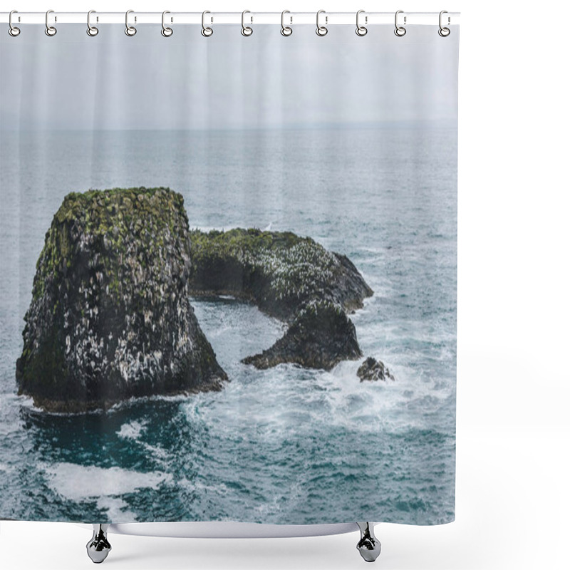 Personality  Dramatic Shot Of Rock In Blue Ocean In Arnarstapi, Iceland On Cloudy Day Shower Curtains