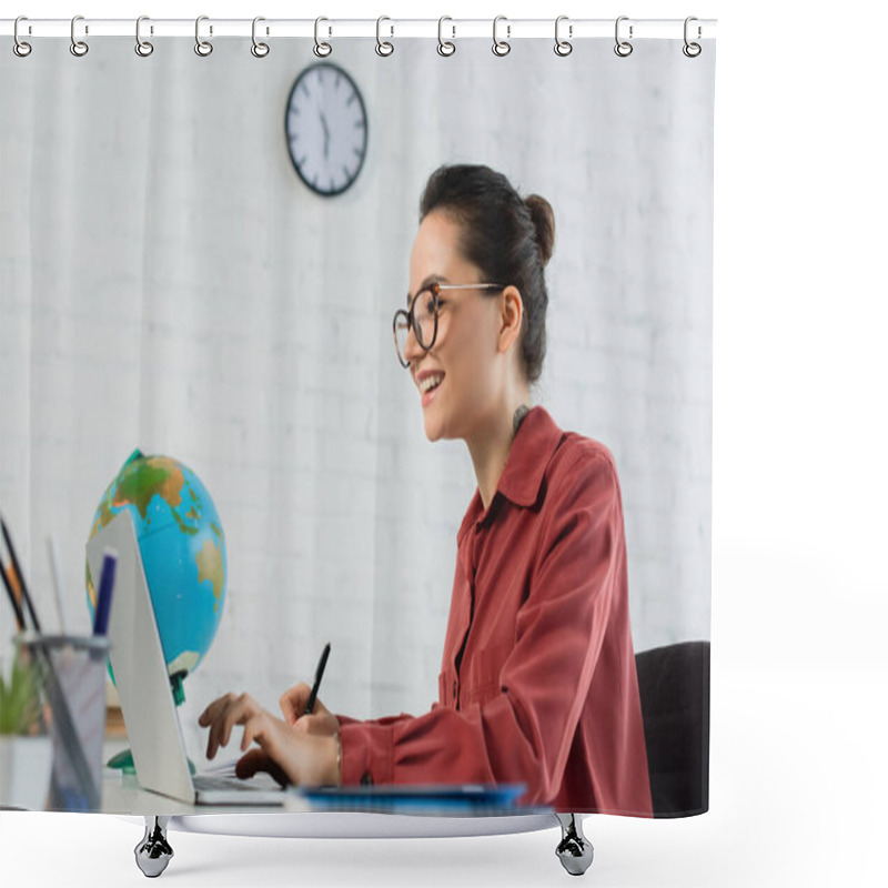 Personality  Happy Young Teacher In Eyeglasses Using Laptop  Shower Curtains