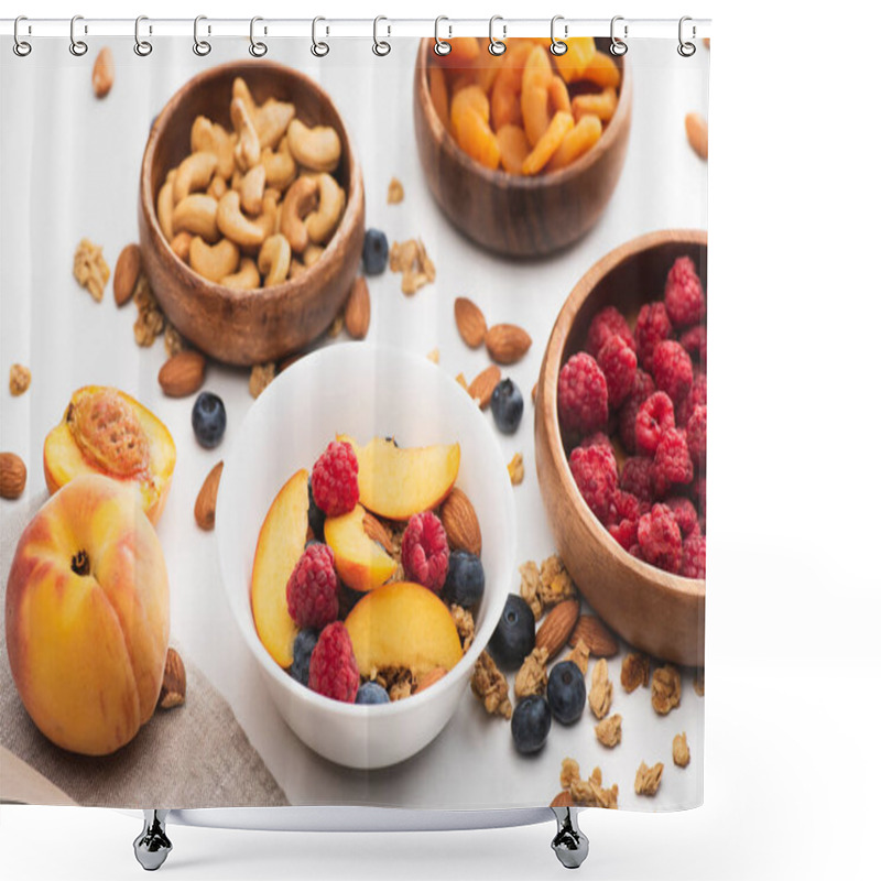 Personality  Delicious Granola With Nuts And Fruits On White Background Shower Curtains