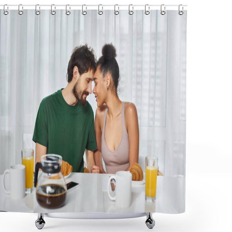 Personality  Joyous Good Looking Multicultural Couple Posing Lovingly Together During Their Breakfast At Home Shower Curtains