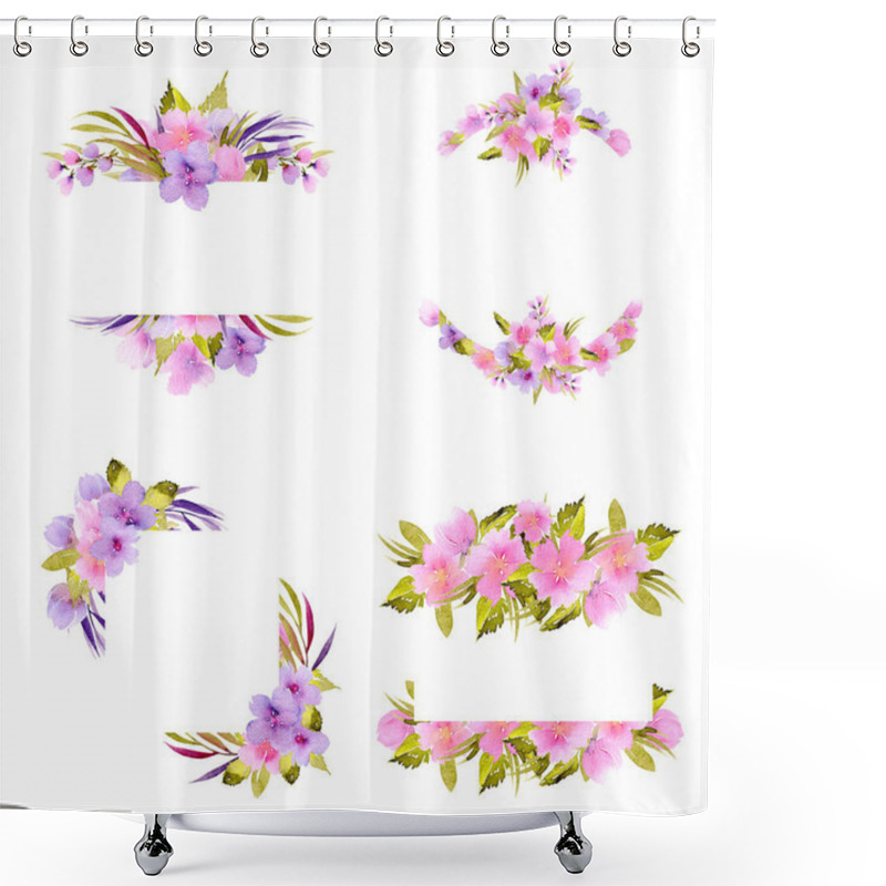 Personality  Set Of Frame Borders With Pink And Purple Small Wildflowers And Green Plants Shower Curtains