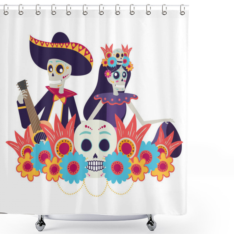 Personality  Catrina And Mariachi Skulls Dancing And Playing Guitar Shower Curtains