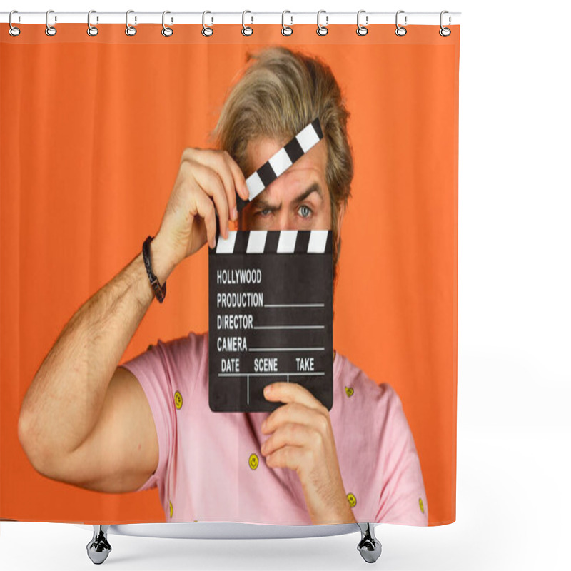 Personality  Cinema Production. Creative Producer. Bearded Man Hold Movie Clapper. Film Maker. Clapperboard Copy Space. Comedy Or Drama. Watch Movie. Film Director. Actor Casting. Shooting Scene. Favorite Series Shower Curtains