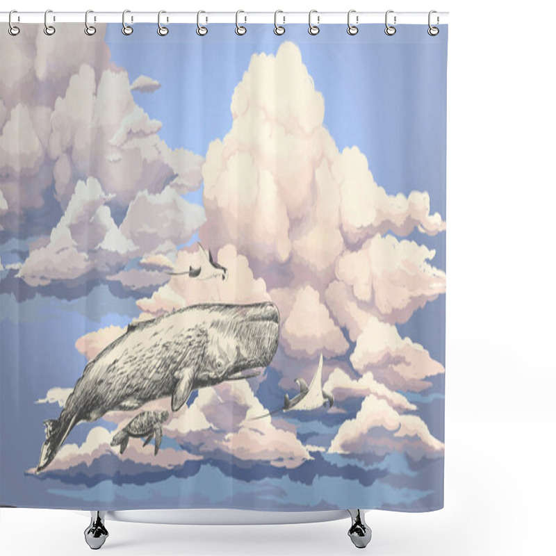 Personality  Bright Colourful Sky Wallpaper. Whale In The Sky. Blue Sky Illustration. Illustration Of Clouds On A Blue Background. Beautifully Painted Sky. Drawn Book Illustration, Card, Postcard, Wallpaper, Mural Shower Curtains