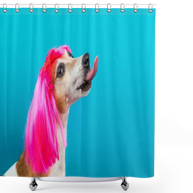 Personality  Funny Dog Profile In Pink Wig On Blue Background Licking. Shower Curtains