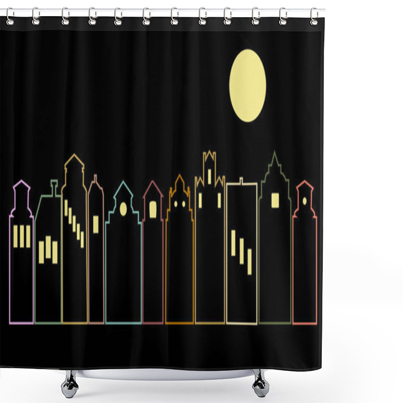 Personality  Silhouette Of Buildings And Streets At Night On Black Background. Old Town. Moon In Night Sky. Cartoon Color. Shower Curtains