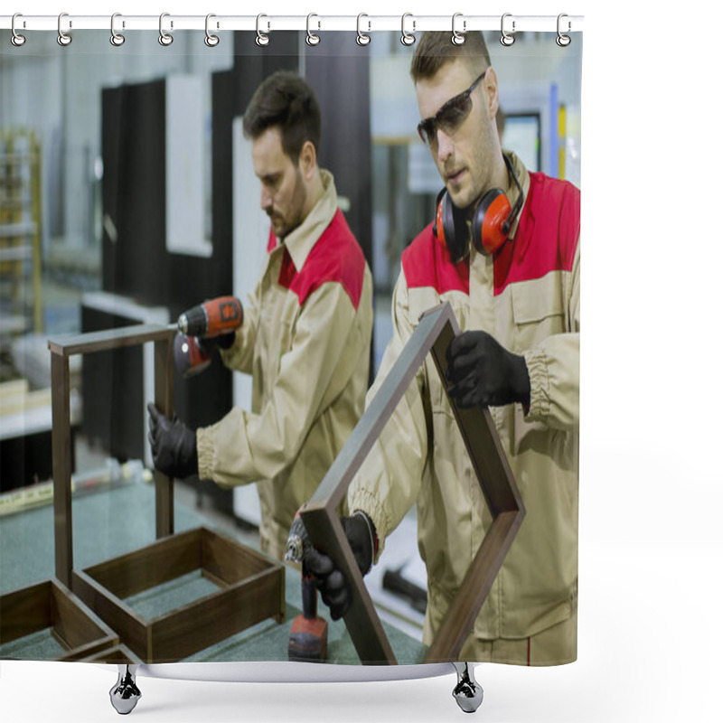 Personality  Two Handsome Young Workers Assembling Furniture In The Factory Shower Curtains