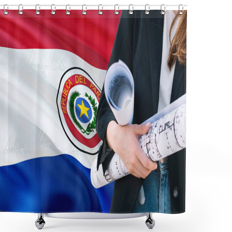 Personality  Paraguayan Architect Woman Holding Blueprint Against Paraguay Waving Flag Background. Construction And Architecture Concept. Shower Curtains