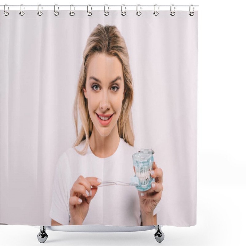 Personality  Beautiful Smiling Woman Brushing Jaw Model With Toothbrush And Looking At Camera Isolated On White Shower Curtains