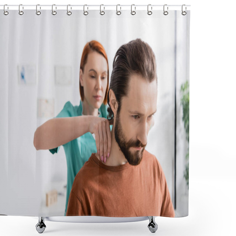 Personality  Blurred Osteopath Touching Painful Neck Of Bearded Man During Examination In Consulting Room Shower Curtains