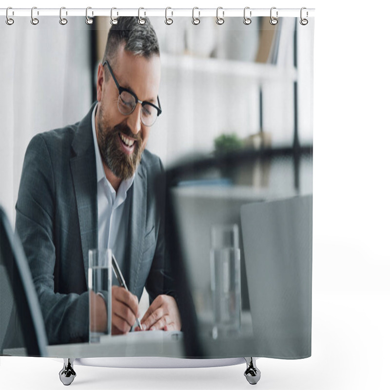 Personality  Handsome Businessman In Formal Wear And Glasses Writing With Pen In Office  Shower Curtains