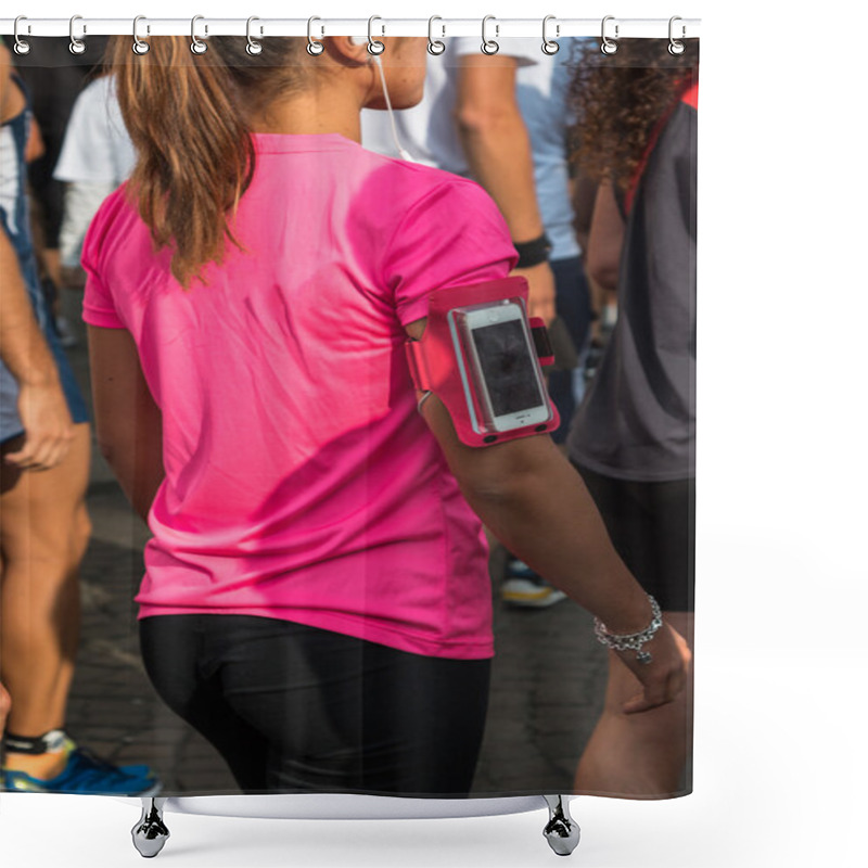 Personality  Girl With Pink T-Shirt And Smartphone Armband Case Waiting To Ru Shower Curtains