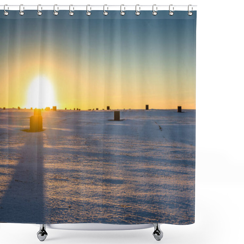 Personality  Square Hay Bales Lying In A Harvested Field On The Canadian Prairies At Sunset In Rocky View County Alberta. Shower Curtains