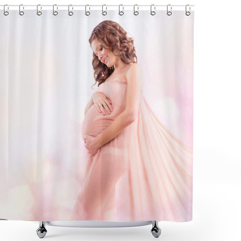 Personality  Beauty Pregnant Woman In Blowing Pink Chiffon Shawl Shower Curtains