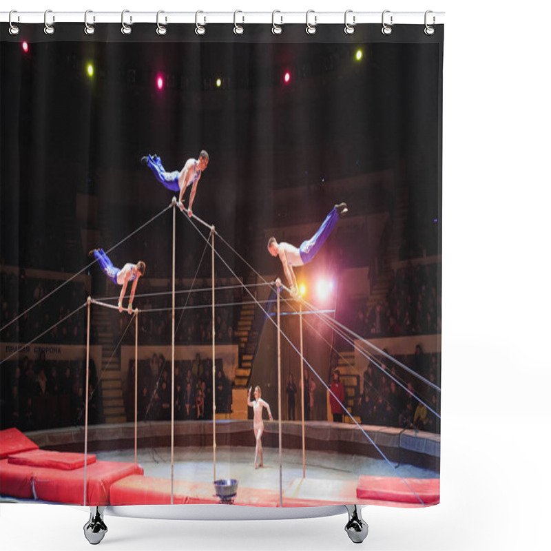 Personality  Acrobats Perform Exercises On The Bar In The Circus Arena. Shower Curtains