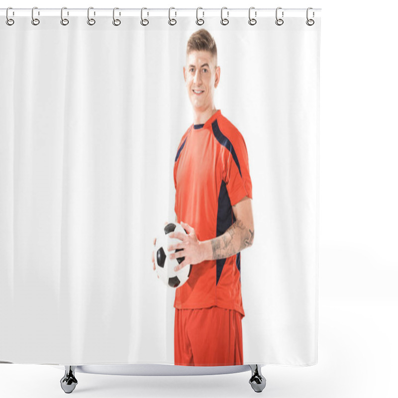 Personality  Happy Young Athletic Man In Sportswear Holding Soccer Ball And Smiling At Camera Isolated On White  Shower Curtains