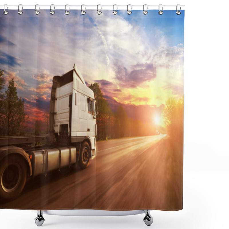 Personality  Big White Truck Driving Fast On The Countryside Road With Trees Against Bright Evening Sky With Sunset Shower Curtains