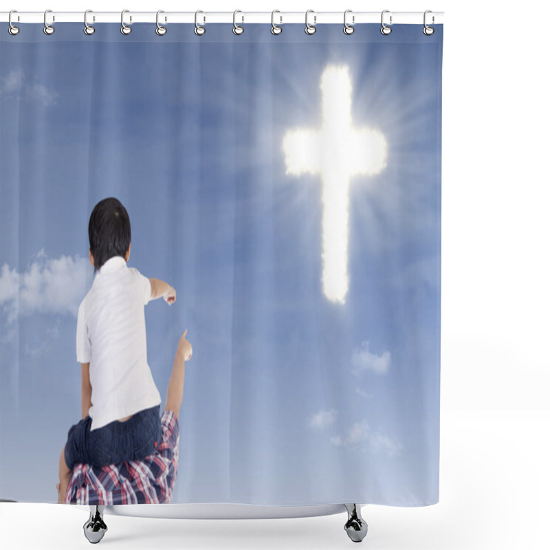 Personality  Father And Son Pointing At Cross Shower Curtains