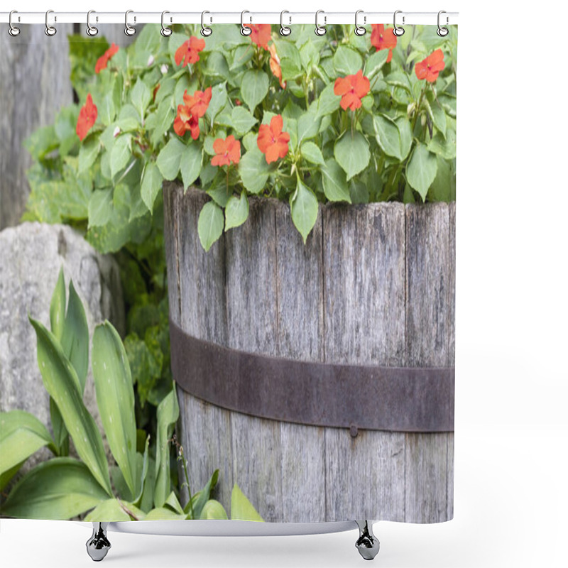 Personality  Old Wine Barrel Filled With Red Impatiens Flowers In A Garden Shower Curtains