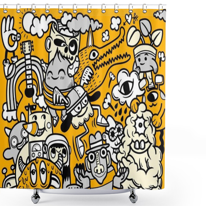 Personality  Doodle Style Abstract Grunge Urban Style With Monster Characters In Summer Concept Shower Curtains