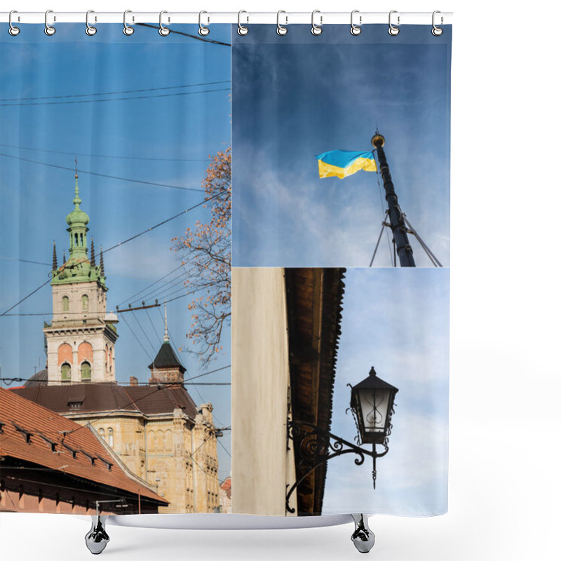 Personality  Collage Of Korniakt Tower, Ukrainian Flag And Street Lamp Against Blue Sky  Shower Curtains