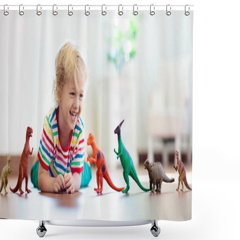 Personality  Child Playing With Toy Dinosaurs. Kids Toys. Shower Curtains