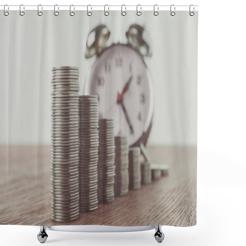 Personality  Stacks Of Coins And Alarm Clock On Tabletop, Saving Concept Shower Curtains