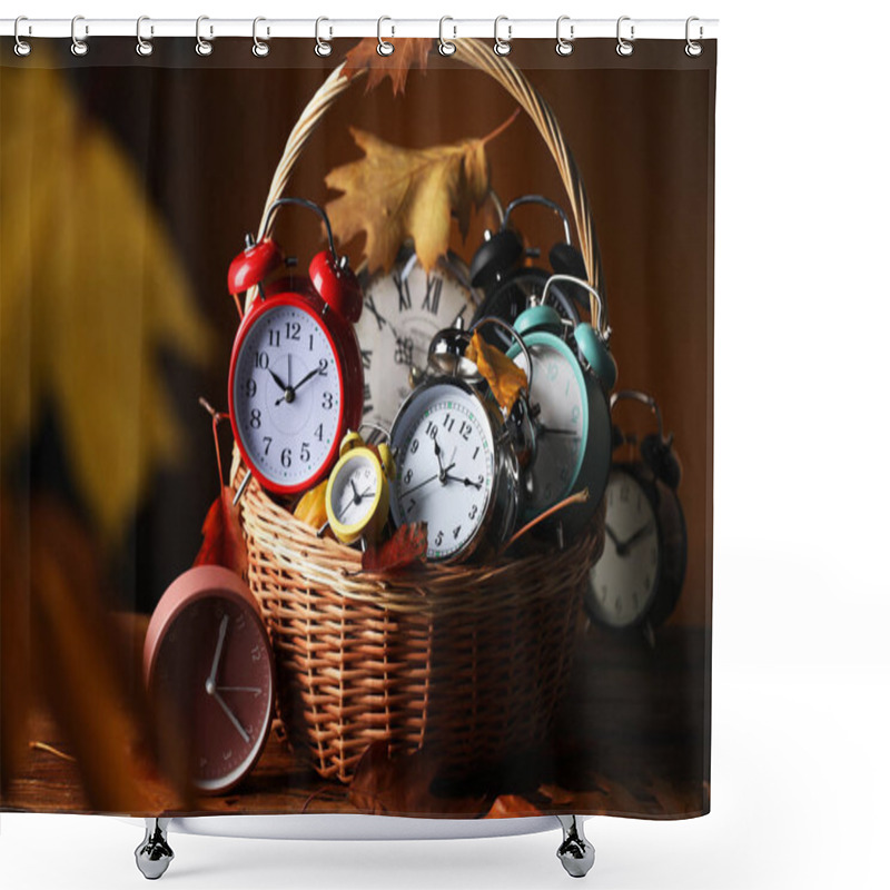 Personality  Alarm Clocks And Dry Leaves In Wicker Basket On Wooden Table Against Brown Background Shower Curtains